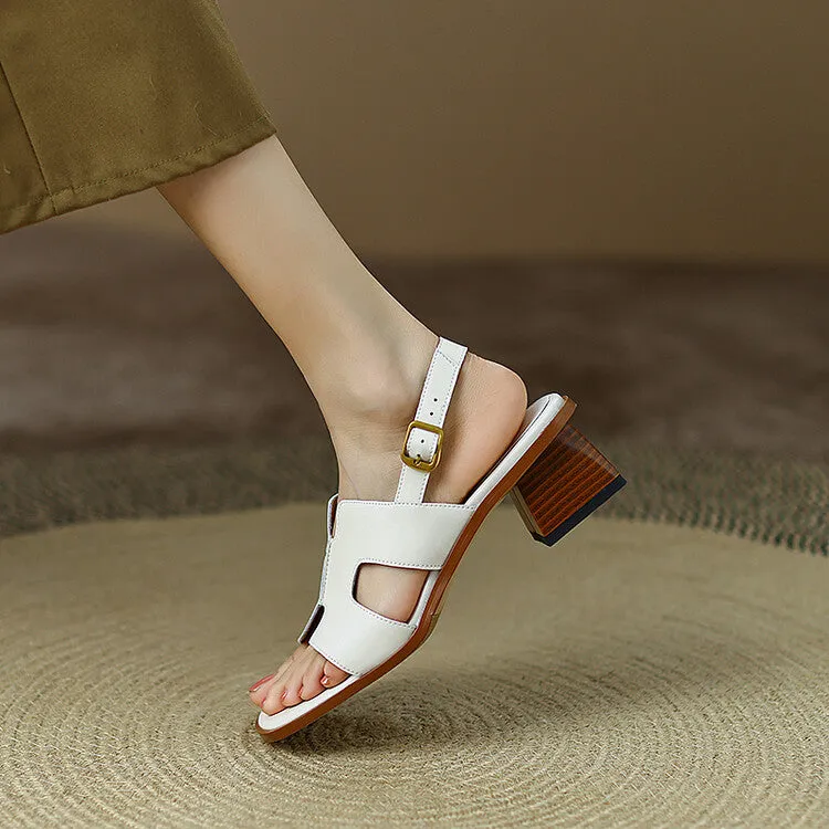 Ladies Open Toe Leather Block Heel Sandals