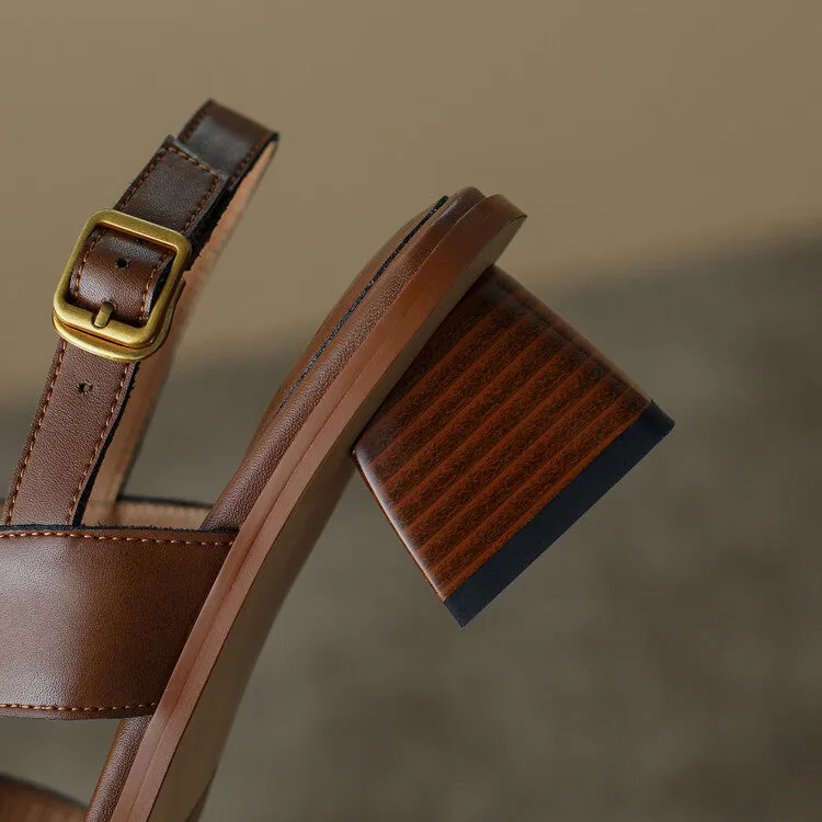 Ladies Open Toe Leather Block Heel Sandals