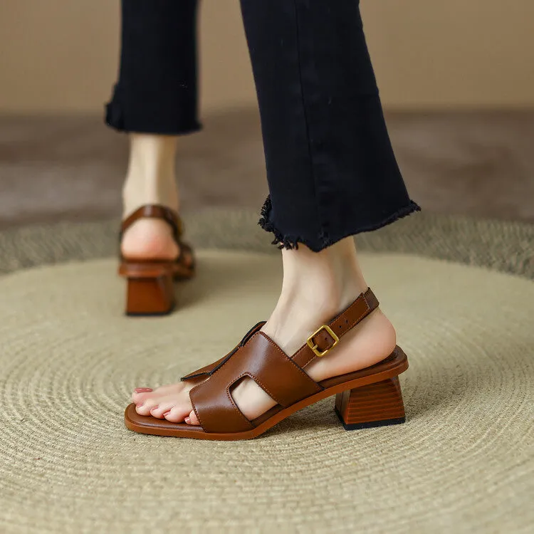 Ladies Open Toe Leather Block Heel Sandals