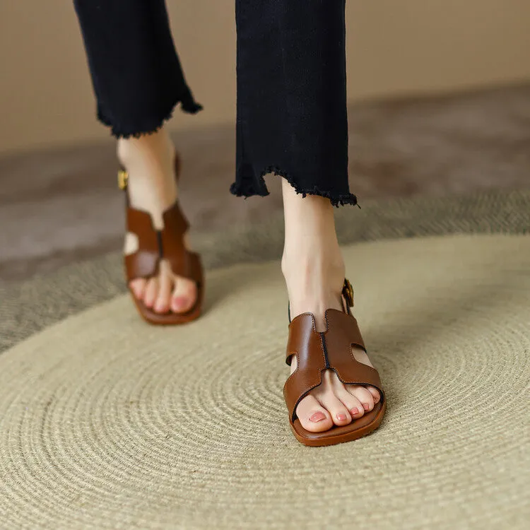 Ladies Open Toe Leather Block Heel Sandals