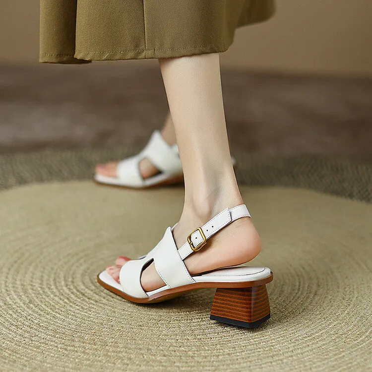 Ladies Open Toe Leather Block Heel Sandals
