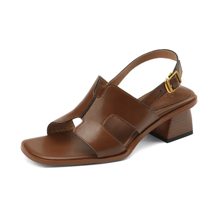 Ladies Open Toe Leather Block Heel Sandals