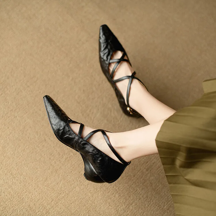 Ladies Pointed Toe Double Cross Straps Low Heel Pumps