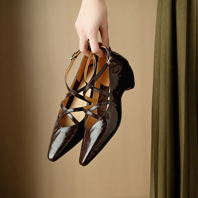 Ladies Pointed Toe Double Cross Straps Low Heel Pumps