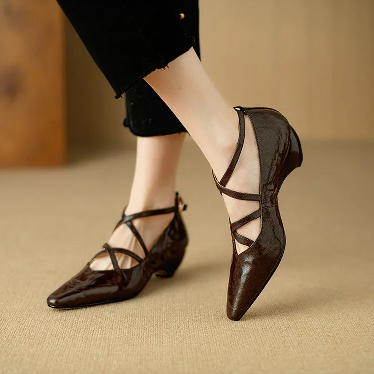 Ladies Pointed Toe Double Cross Straps Low Heel Pumps
