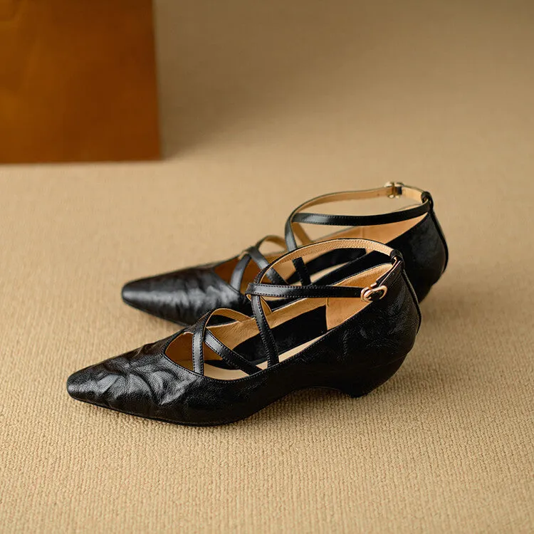 Ladies Pointed Toe Double Cross Straps Low Heel Pumps