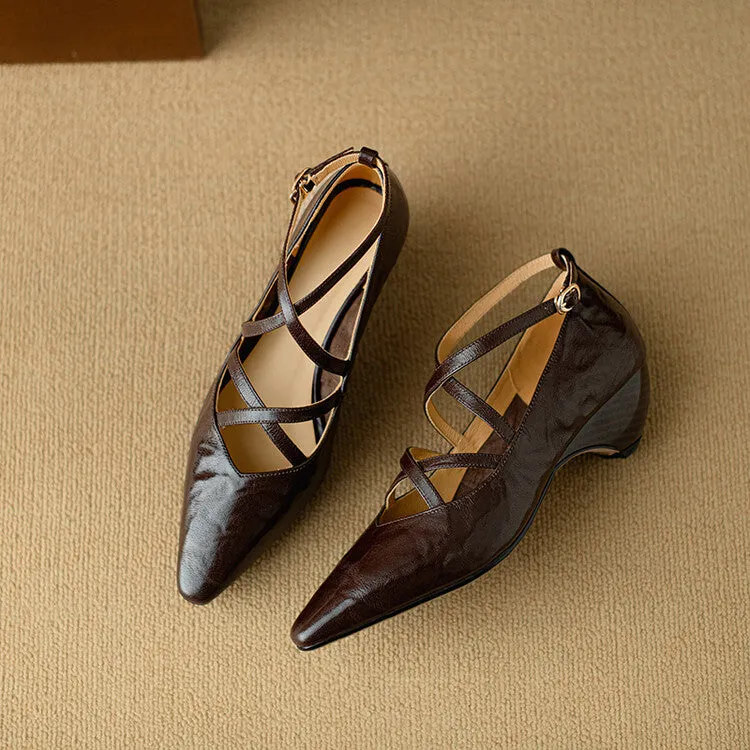 Ladies Pointed Toe Double Cross Straps Low Heel Pumps