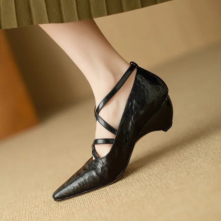 Ladies Pointed Toe Double Cross Straps Low Heel Pumps