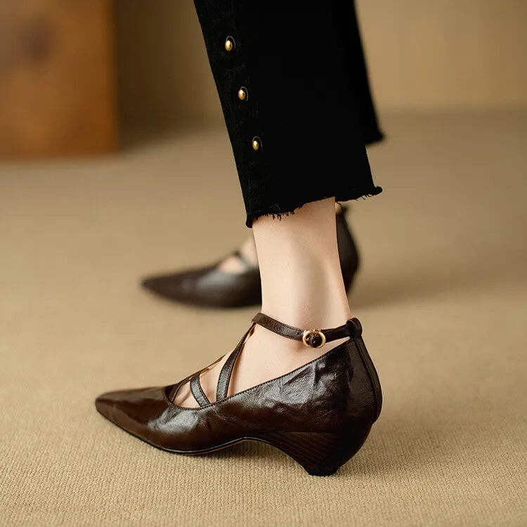 Ladies Pointed Toe Double Cross Straps Low Heel Pumps
