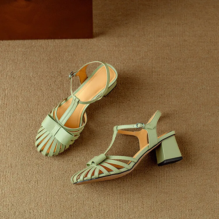 Ladies Round Toe Bow Detail Block Low Heel Gladiator Sandals Green