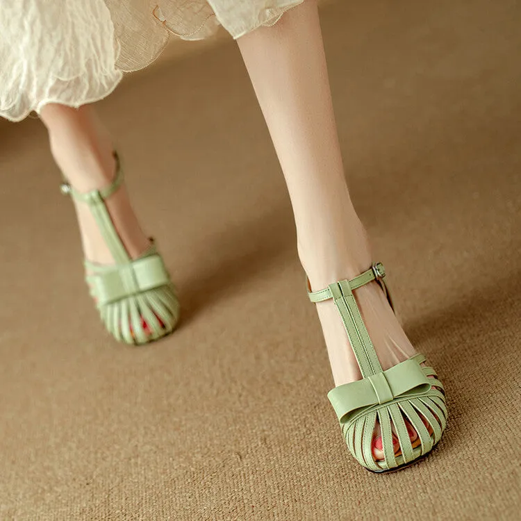 Ladies Round Toe Bow Detail Block Low Heel Gladiator Sandals Green