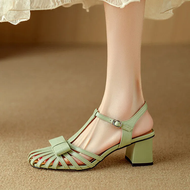 Ladies Round Toe Bow Detail Block Low Heel Gladiator Sandals Green