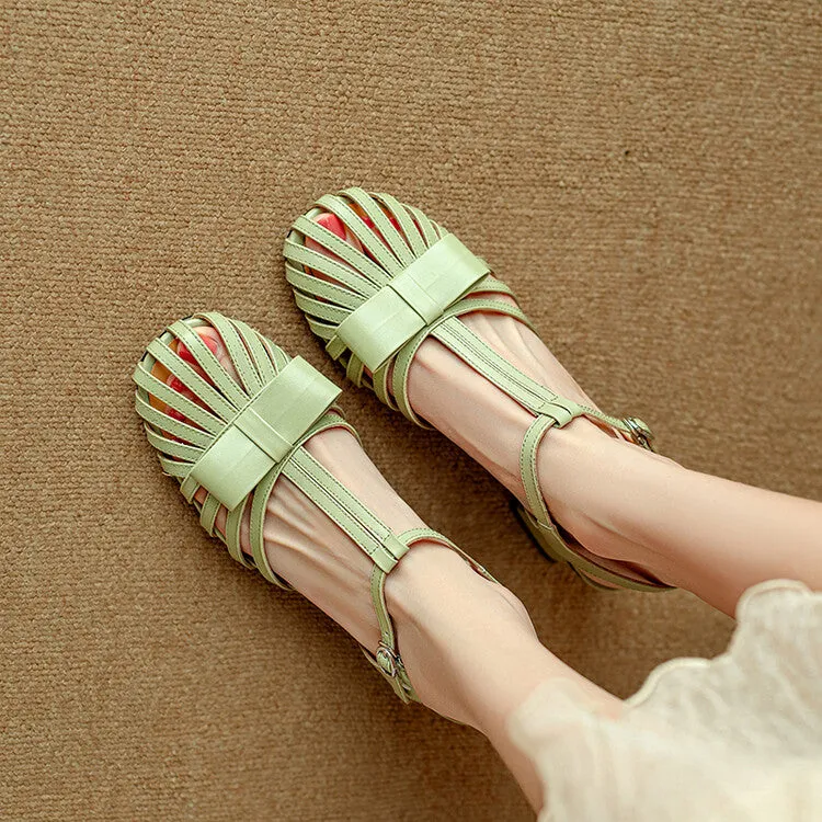 Ladies Round Toe Bow Detail Block Low Heel Gladiator Sandals Green