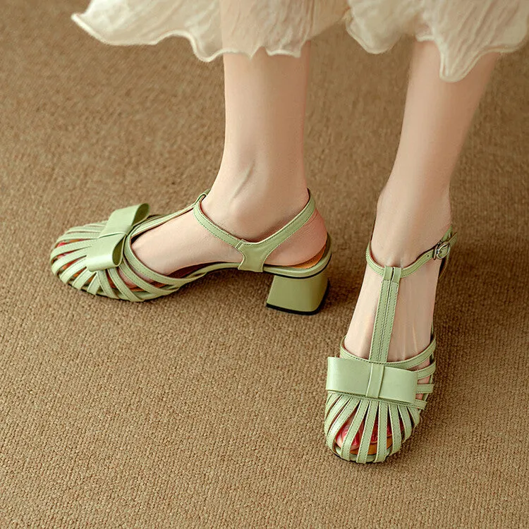 Ladies Round Toe Bow Detail Block Low Heel Gladiator Sandals Green