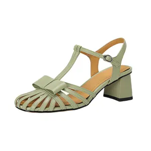Ladies Round Toe Bow Detail Block Low Heel Gladiator Sandals Green