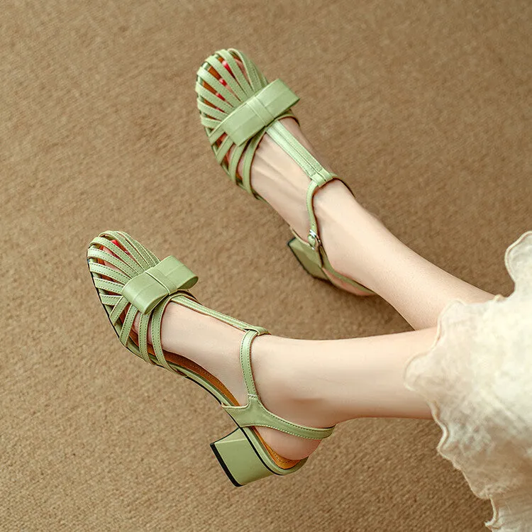 Ladies Round Toe Bow Detail Block Low Heel Gladiator Sandals Green