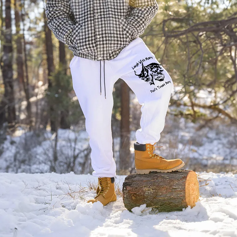 LAUGH WITH MANY, DON’T TRUST ANY SKULLS GRAPHIC PRINT JOGGERS