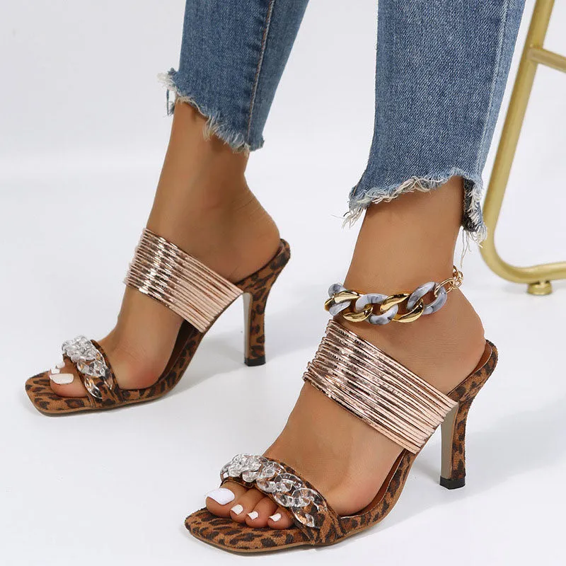 Leopard Square Toe Double Strap Thin Heeled Sandals