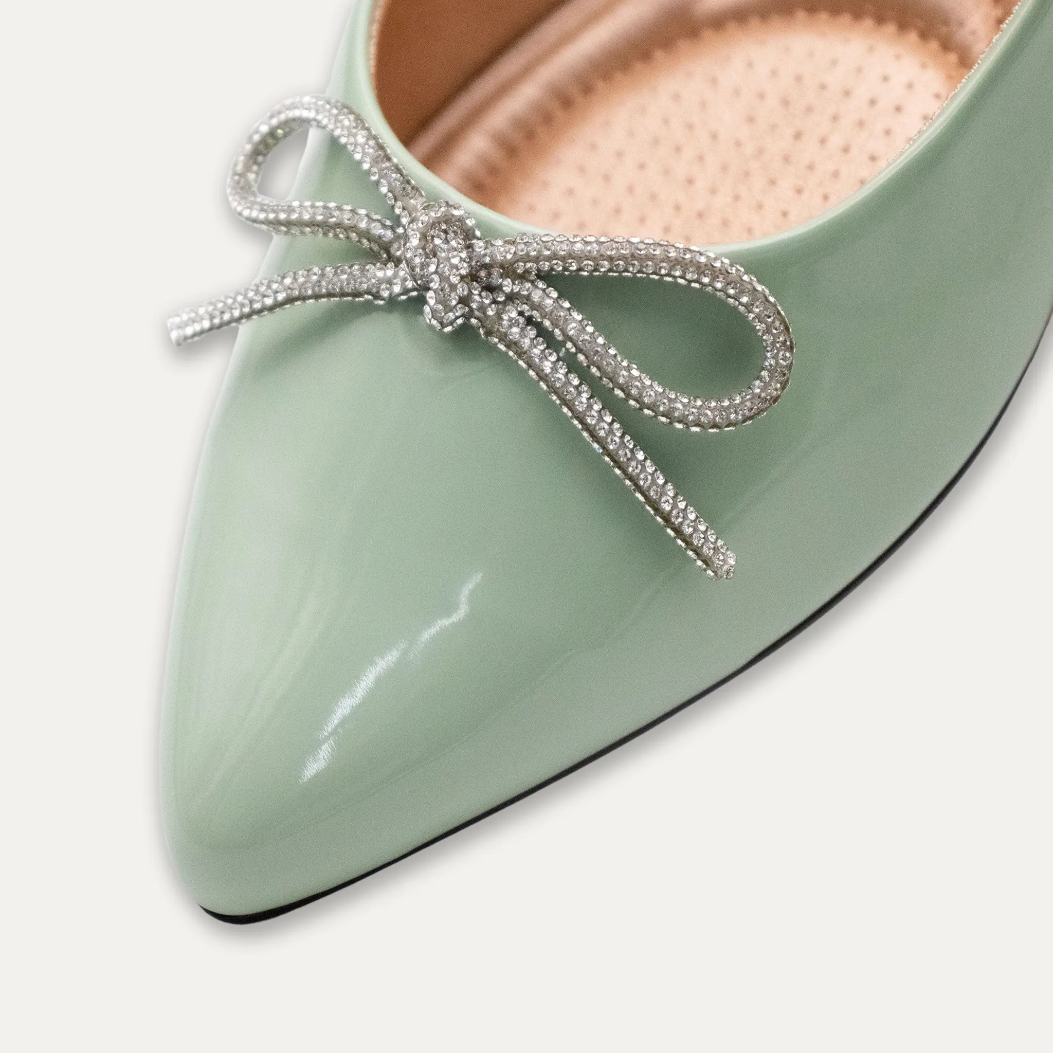 Luciana Crystal Bow Matcha Pointed Toe Flats