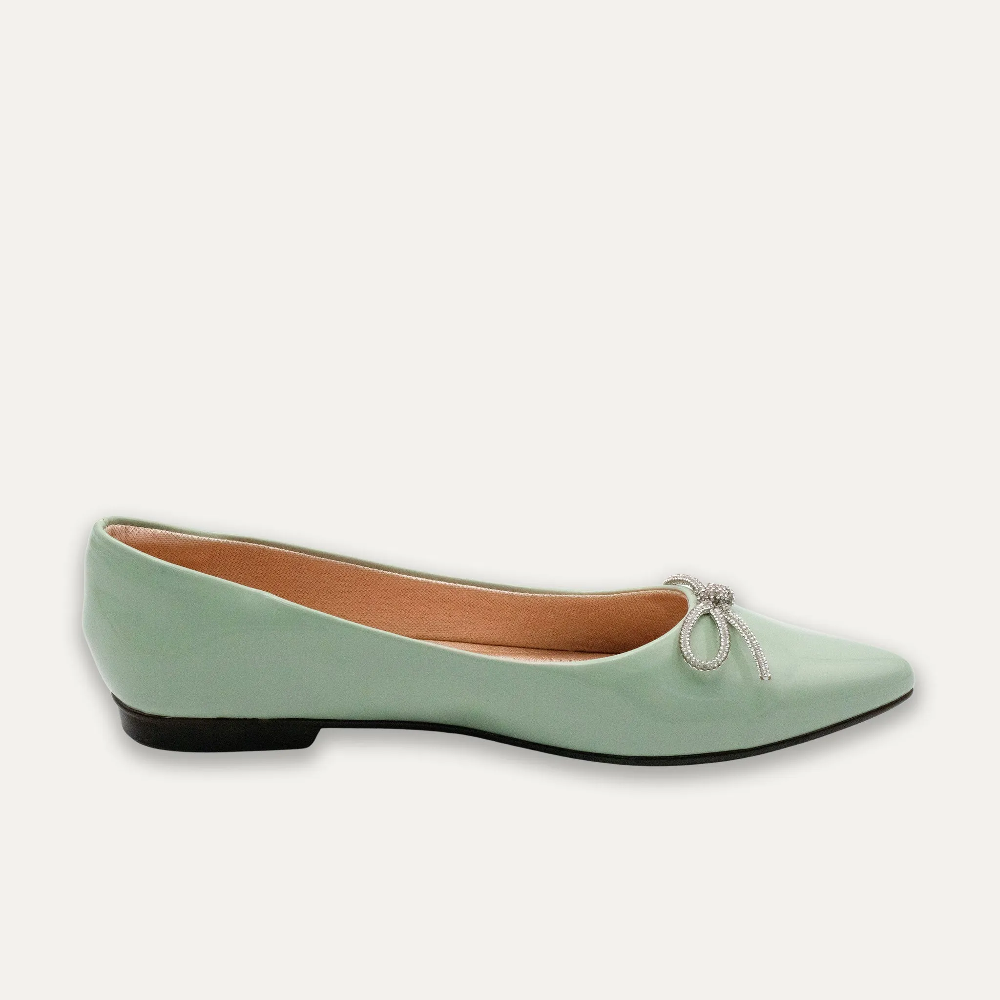 Luciana Crystal Bow Matcha Pointed Toe Flats