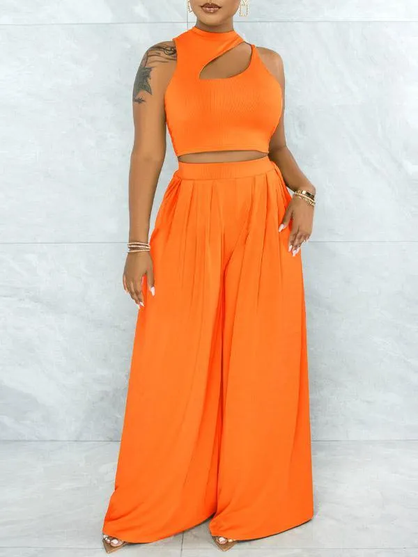 mangocouture Solid Cutout Top & Wide-Leg Pants Set