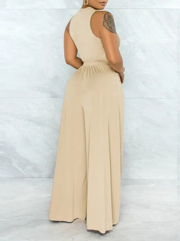 mangocouture Solid Cutout Top & Wide-Leg Pants Set