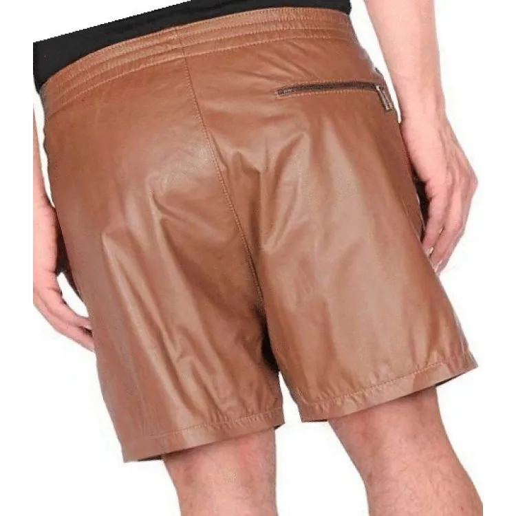 Men Zipper Pockets Real Sheepskin Brown Leather Shorts