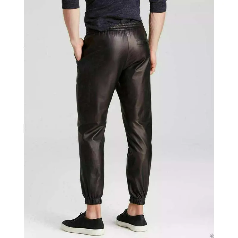 Men’s Black Lambskin Leather Jogger Pants