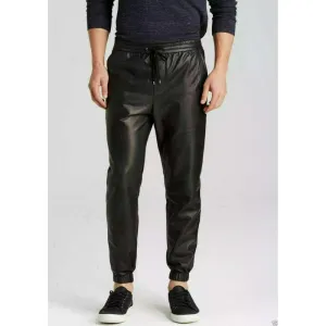Men’s Black Lambskin Leather Jogger Pants