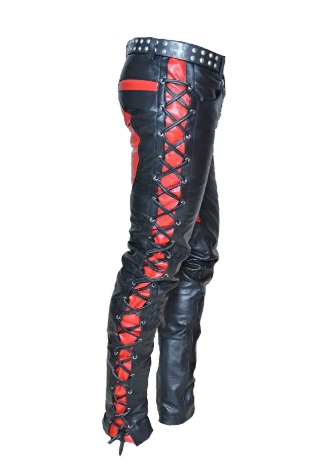 Men's Front And Side Laces Up Pants For Bikers Contrast Leather Bikers Trousers