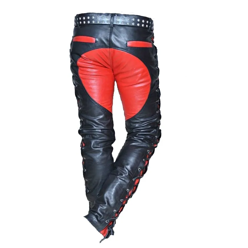 Men's Front And Side Laces Up Pants For Bikers Contrast Leather Bikers Trousers