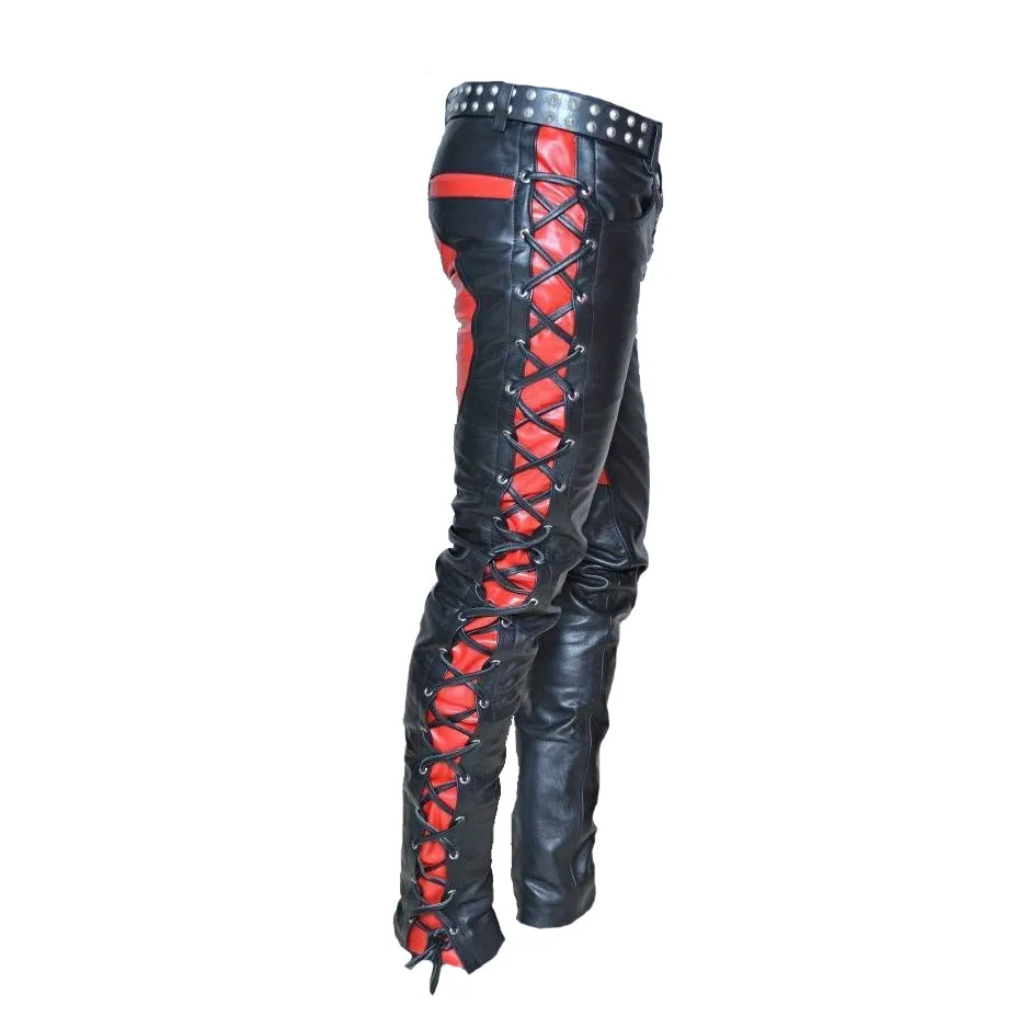 Men's Front And Side Laces Up Pants For Bikers Contrast Leather Bikers Trousers