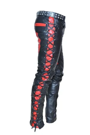 Men's Front And Side Laces Up Pants For Bikers Contrast Leather Bikers Trousers