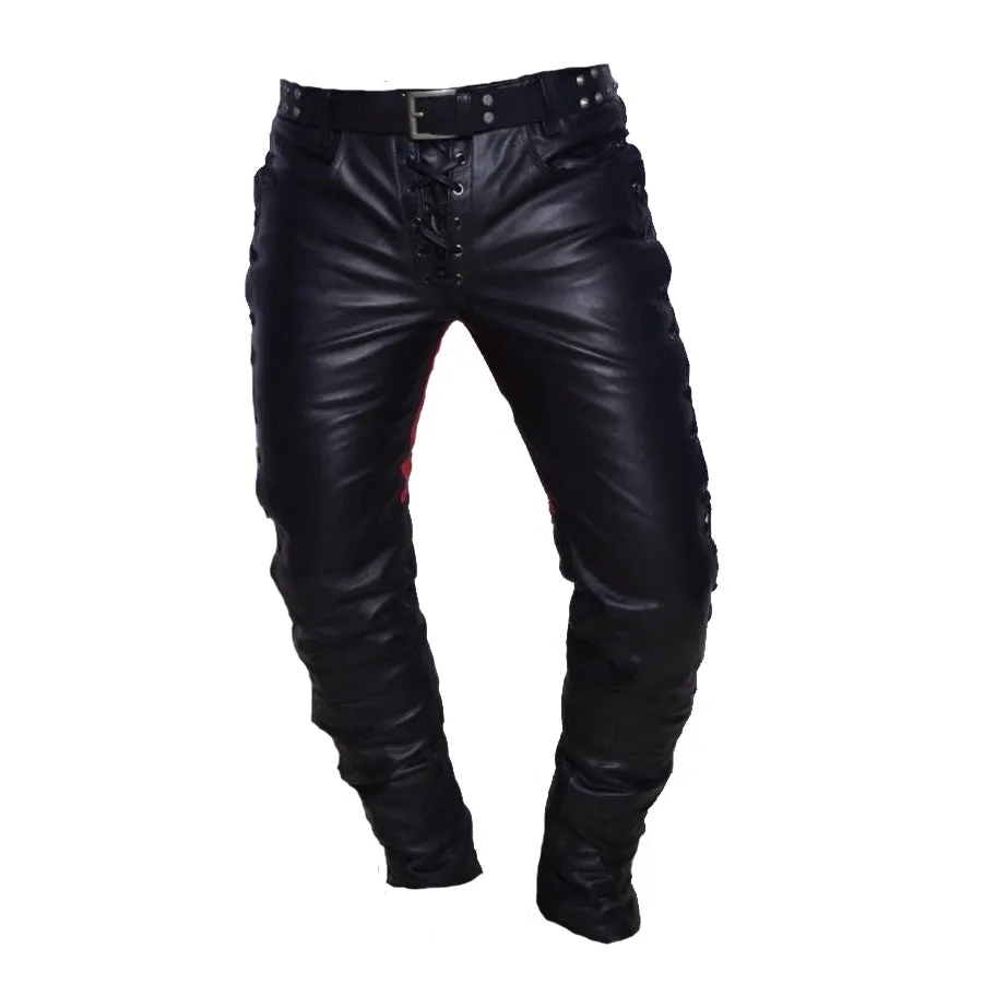 Men's Front And Side Laces Up Pants For Bikers Contrast Leather Bikers Trousers