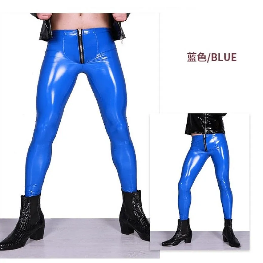 Men's Skinny Bootcut Faux Leather Pencil Pants - Featuring a Casual Design with Fork Detailing