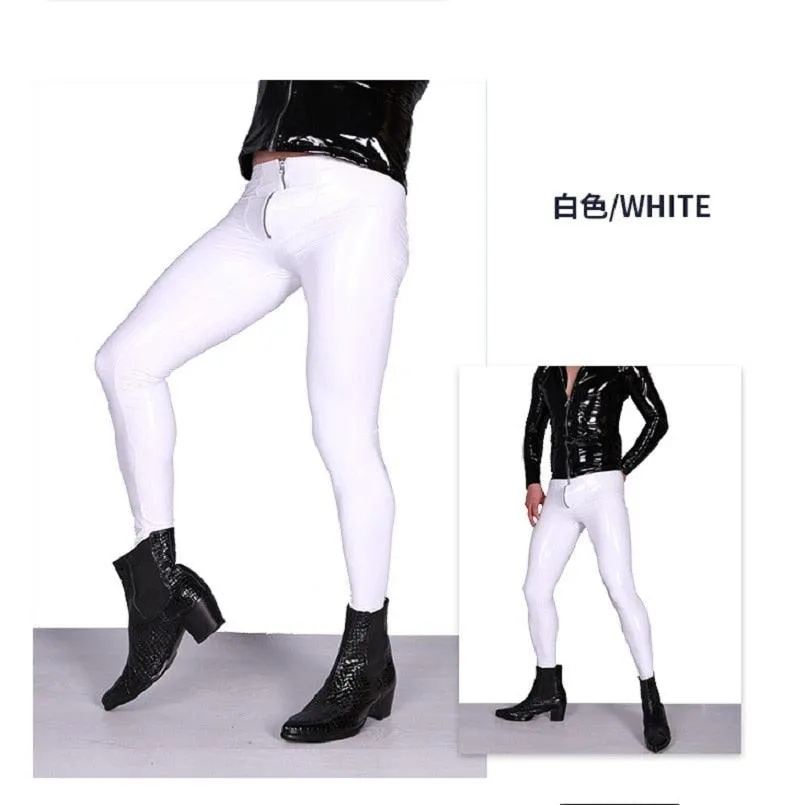 Men's Skinny Bootcut Faux Leather Pencil Pants - Featuring a Casual Design with Fork Detailing