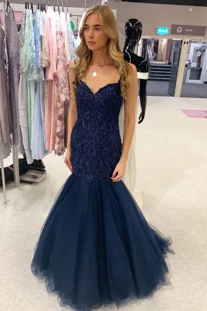 Mermaid Dark Navy Lace Applique Long Tulle Prom Dress Charming Evening Dress OHC511