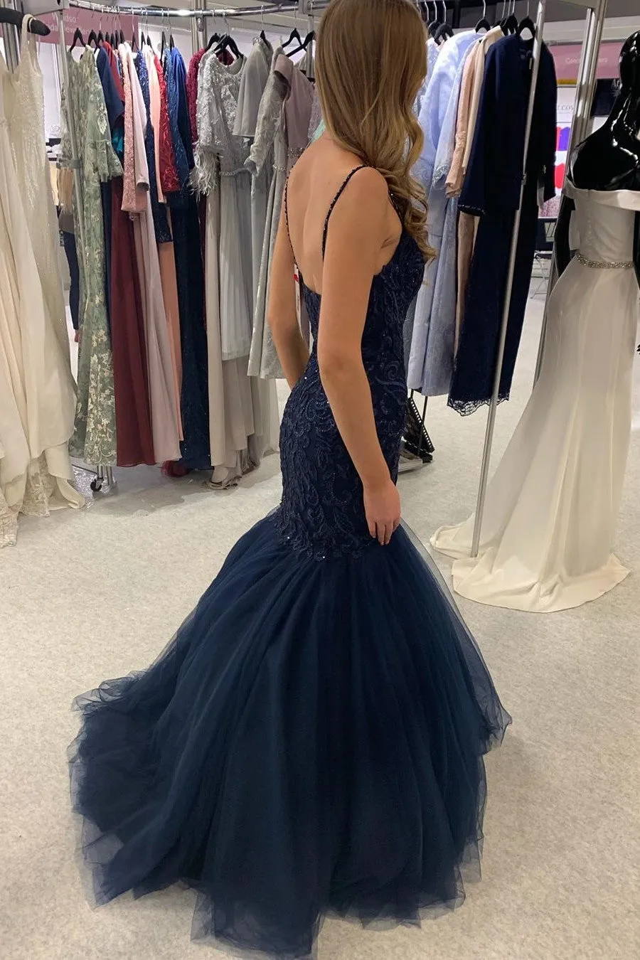Mermaid Dark Navy Lace Applique Long Tulle Prom Dress Charming Evening Dress OHC511