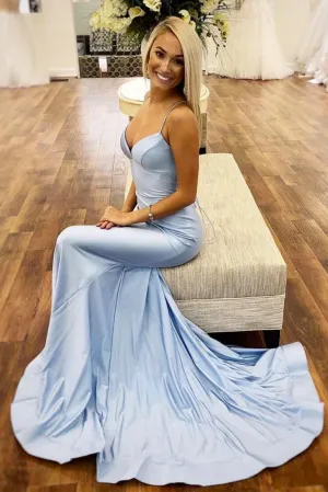 Mermaid Spaghetti Strap Sleeveless Light Blue Satin Long Satin Prom Dress Evening Dress OHC333