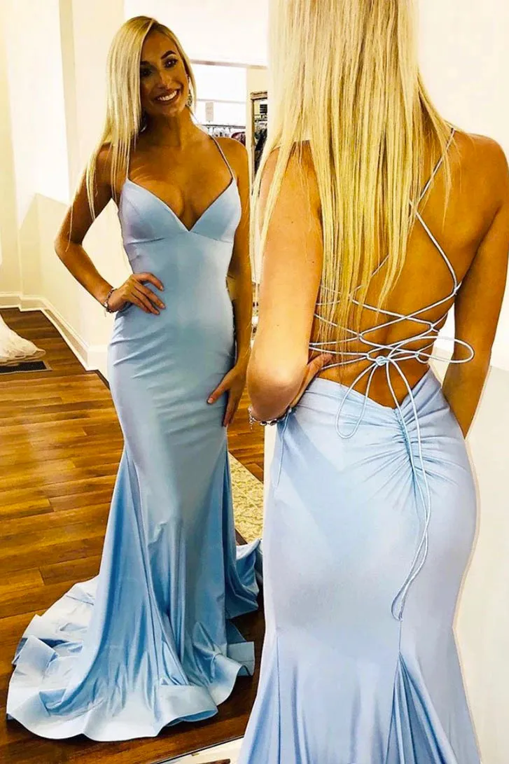 Mermaid Spaghetti Strap Sleeveless Light Blue Satin Long Satin Prom Dress Evening Dress OHC333