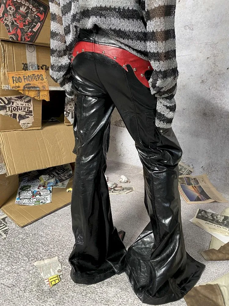 metal patchwork leather pants