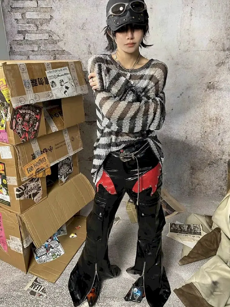 metal patchwork leather pants