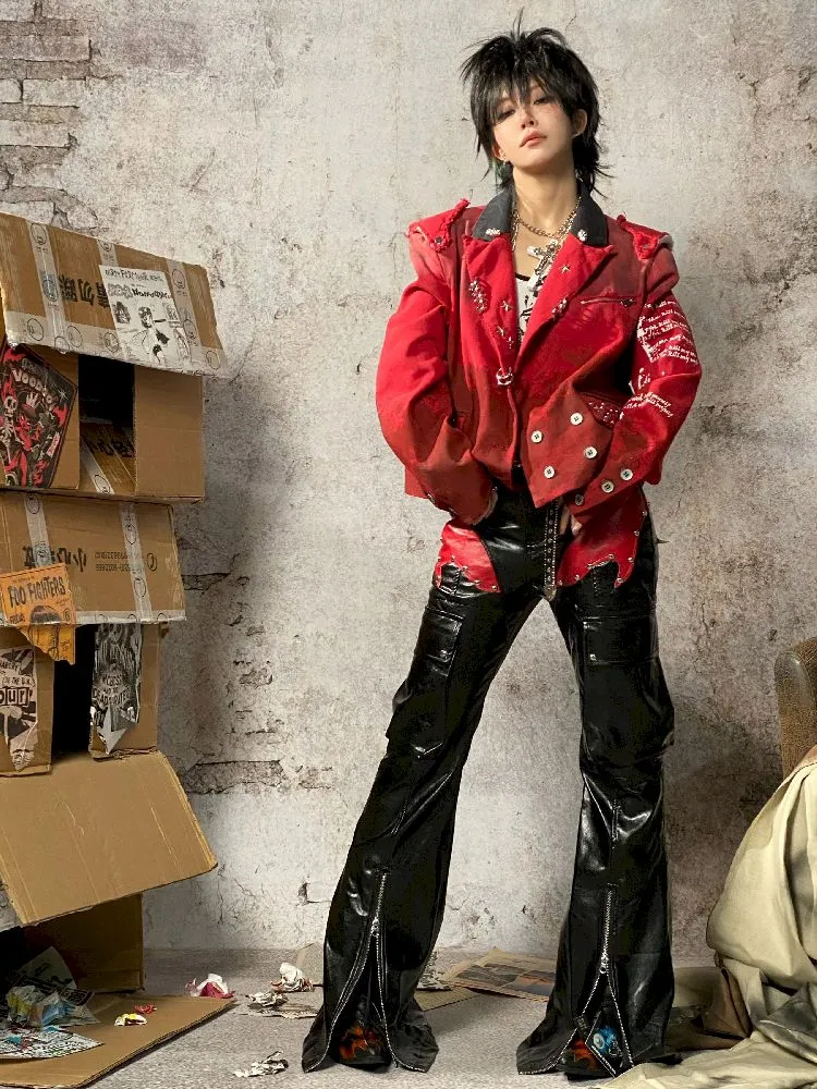 metal patchwork leather pants