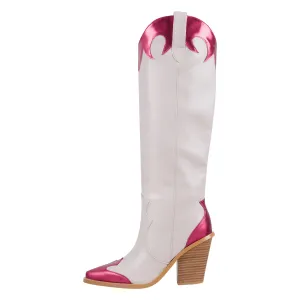Metallic Leather Trim Knee High Western Boots