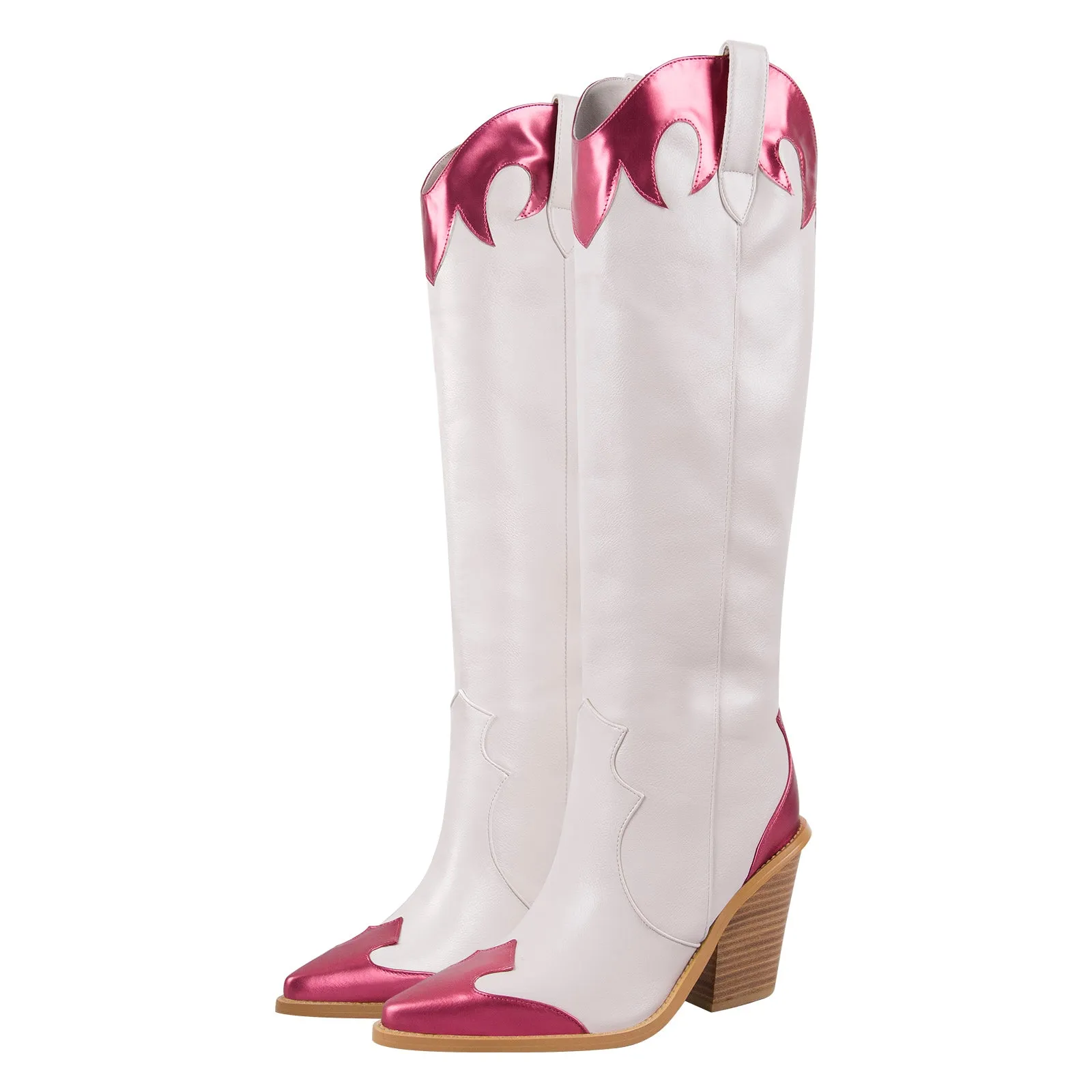 Metallic Leather Trim Knee High Western Boots