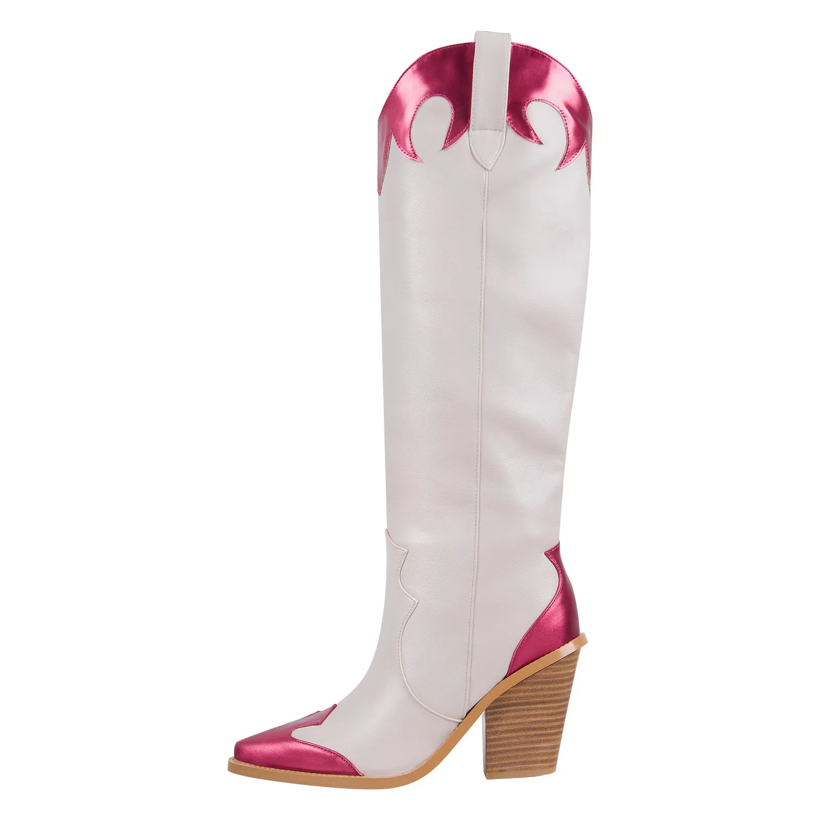 Metallic Leather Trim Knee High Western Boots