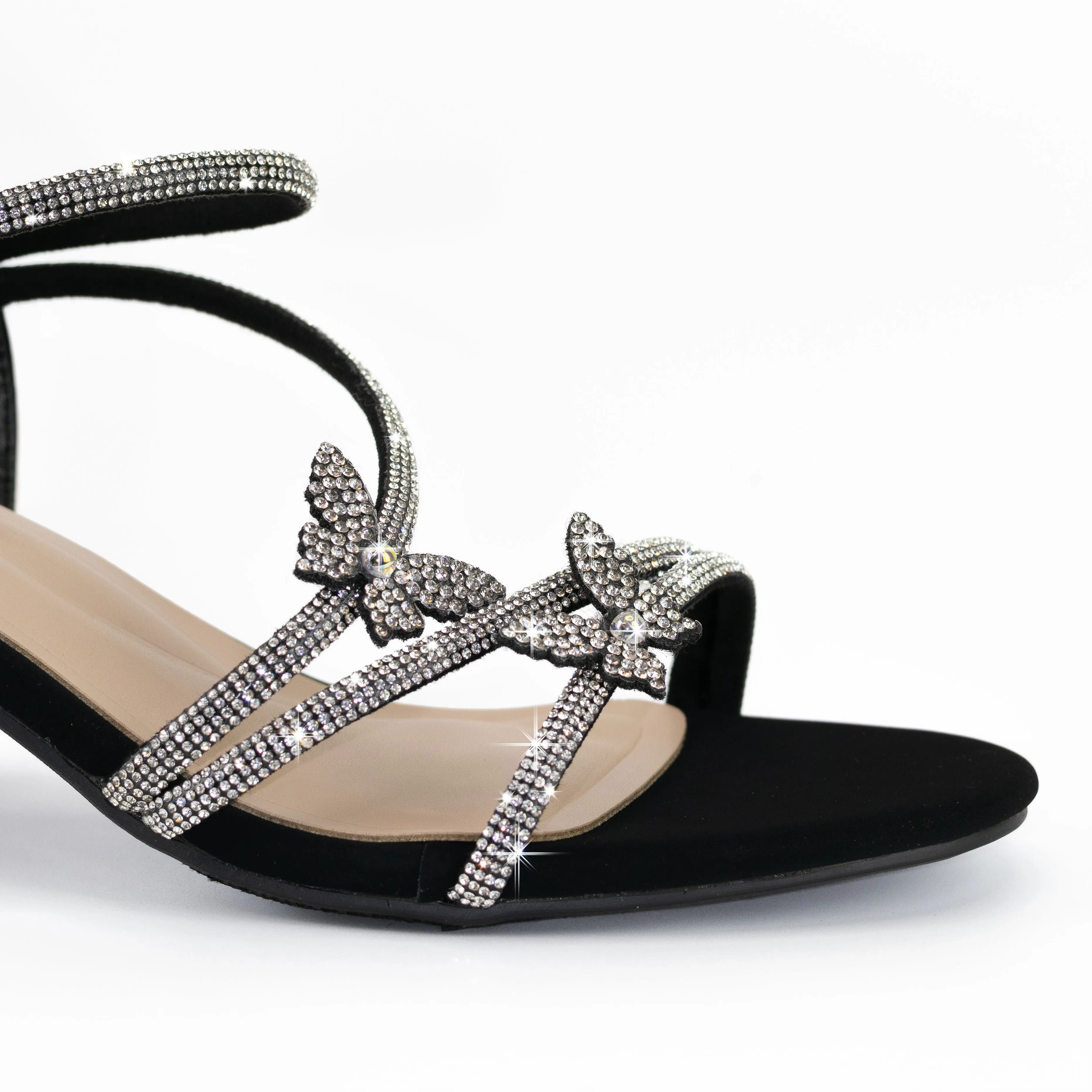 Misha - Ankle Strap Heels with Rhinestone Butterflies, Mid Block Heel, Ideal for Adding Sparkle to Your Look