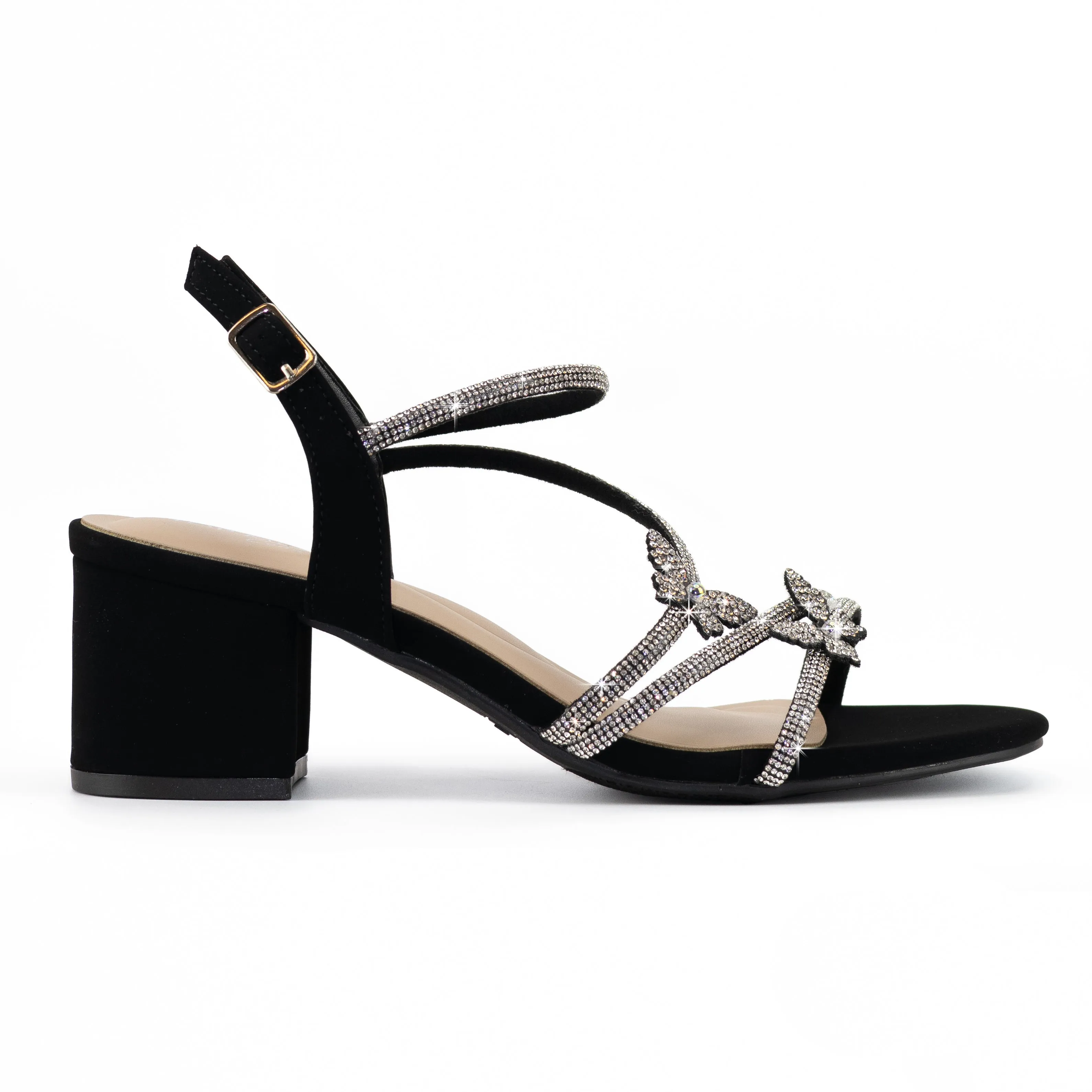 Misha - Ankle Strap Heels with Rhinestone Butterflies, Mid Block Heel, Ideal for Adding Sparkle to Your Look