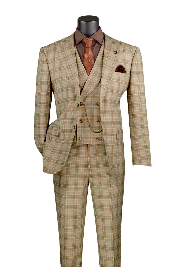 Modern Fit Windowpane Peak Lapel 3 Piece Suit Khaki MV2W-3