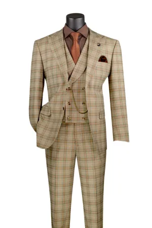 Modern Fit Windowpane Peak Lapel 3 Piece Suit Khaki MV2W-3